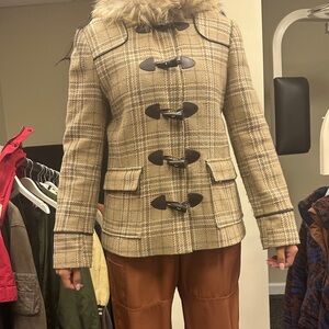 Plaid Toggle Pea Coat with real Fox Fur Trim - Beige and Brown